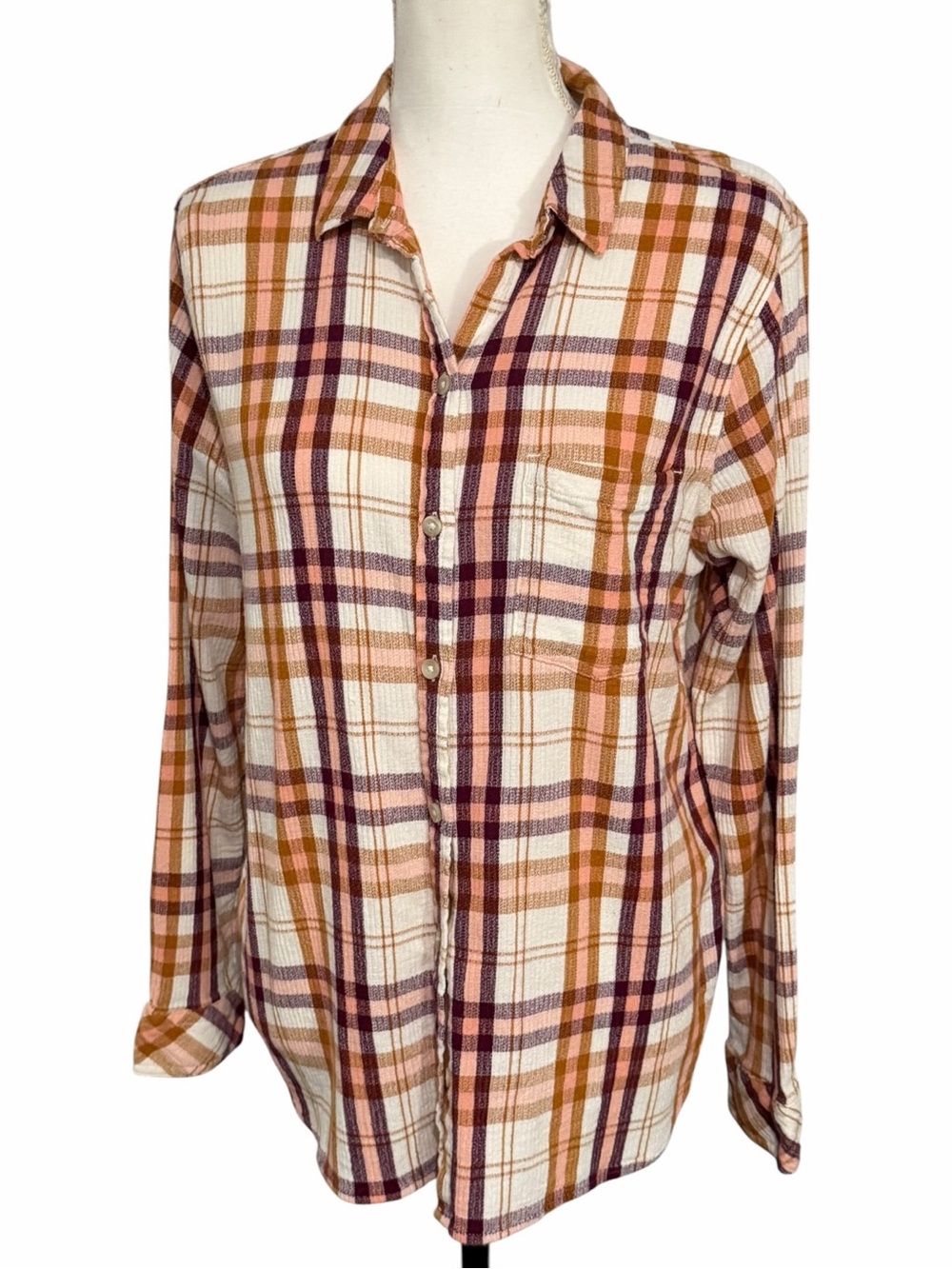 Sonoma Plaid Button-Up Shirt in Cream, Rust & Plum sz L EUC